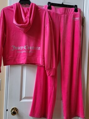 Juicy Couture Velour Pink Party Tracksuit 2 Pc Set Hoodie & Pants Size M